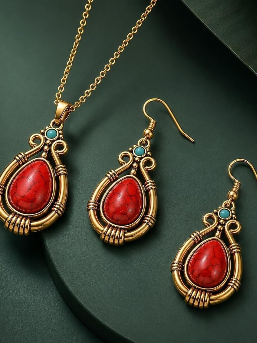 New Red Teardrop Pendant Necklace & Earring Set